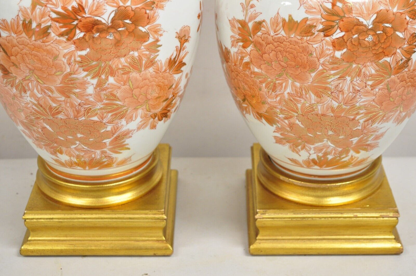 Vintage Marbro Chinoiserie Porcelain Vase Orange Floral Asian Table Lamp Pair