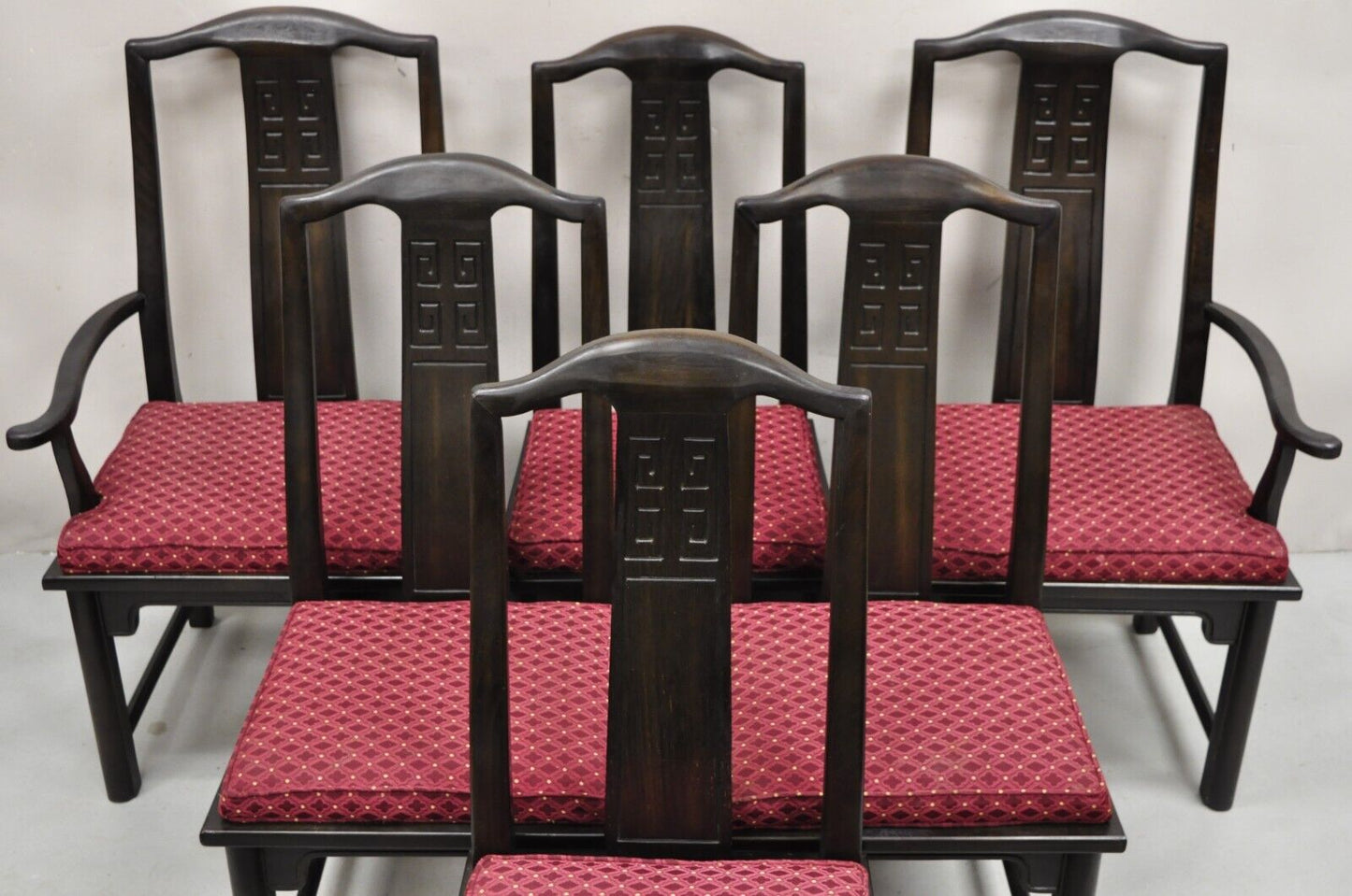Vintage Chinoiserie Asian Ming Style Solid Wood Carved Dining Chairs - Set of 6