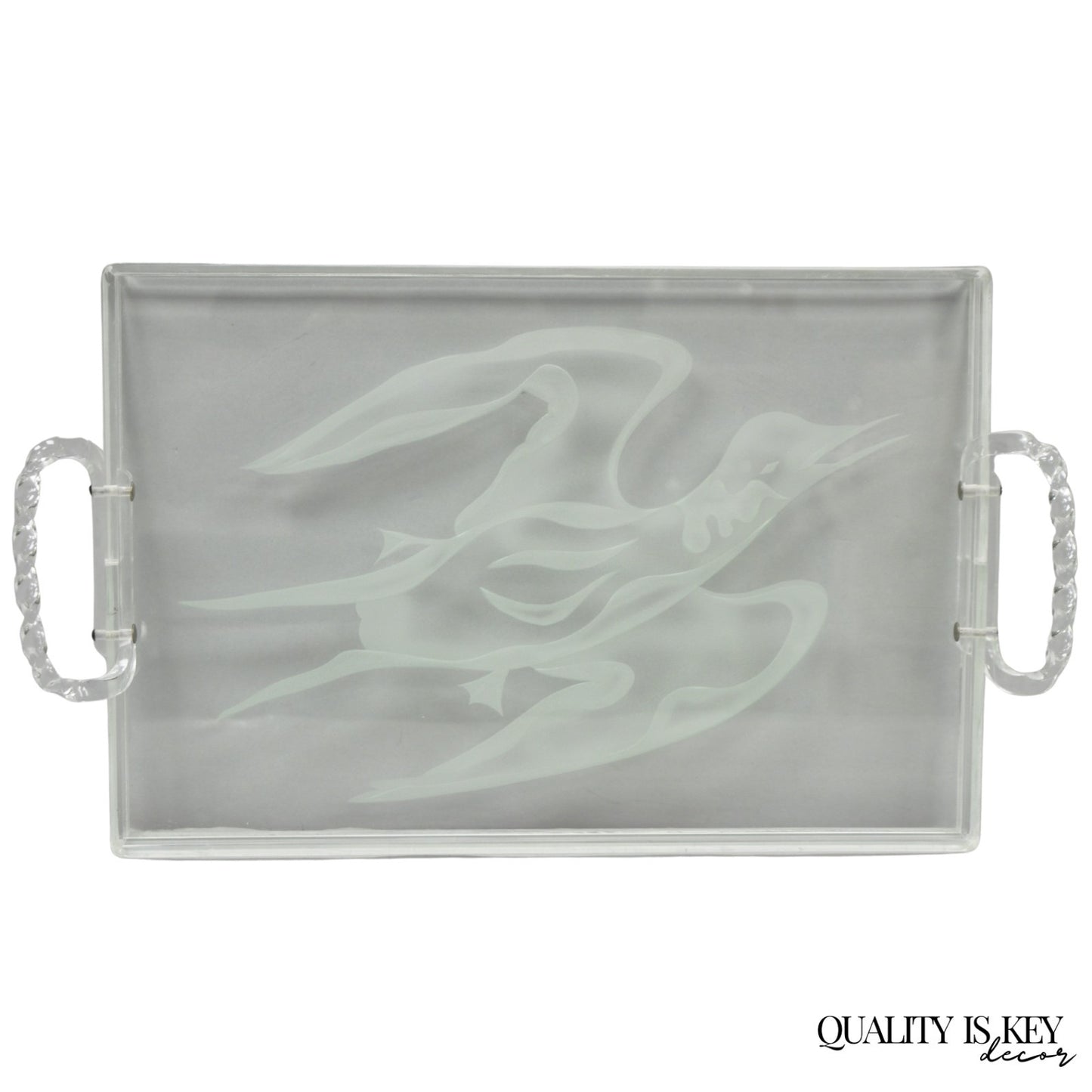 Vintage Mid Century Modern Dorothy Thorpe Style Etched Glass Bird Acrylic Tray