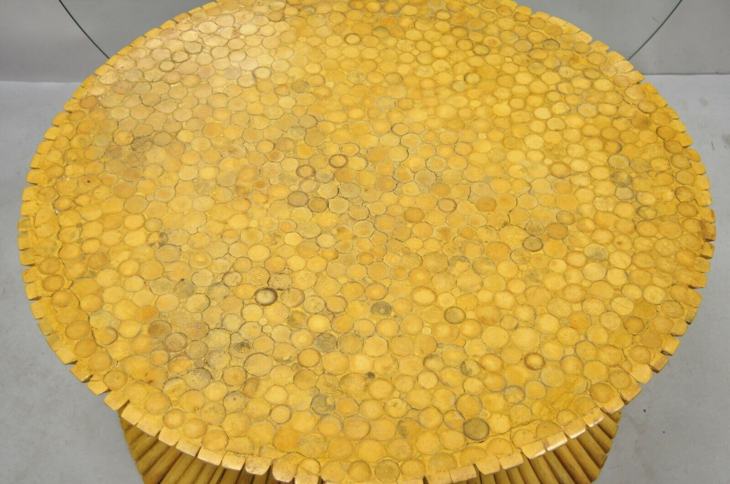 McGuire Style Sheaf of Wheat Bamboo 48" Round Glass Coffee Table