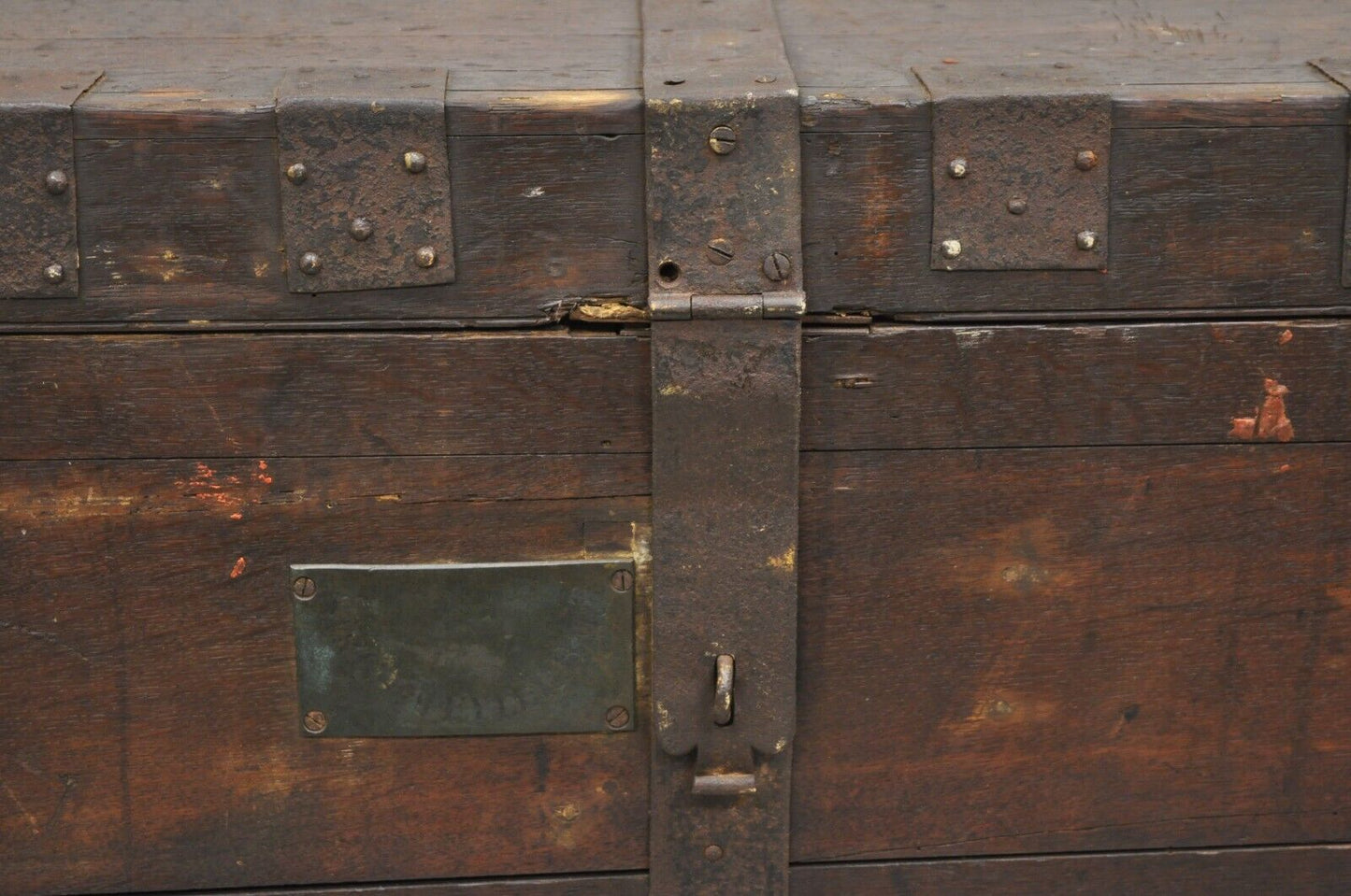 19th C. English Oak Wood and Steel Banded Safe Storage Cabinet Chest Trunk