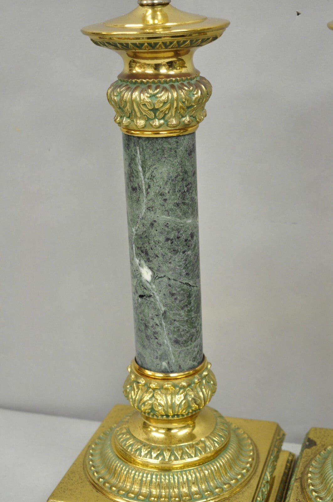 Vintage Hollywood Regency Brass Empire Green Column Gold Table Lamps - a Pair
