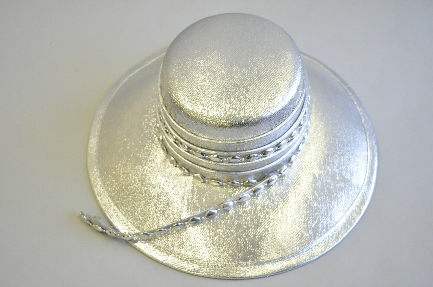 Vintage Mr. John Classic Metallic Silver Church Derby Wide Brim Hat with Feather