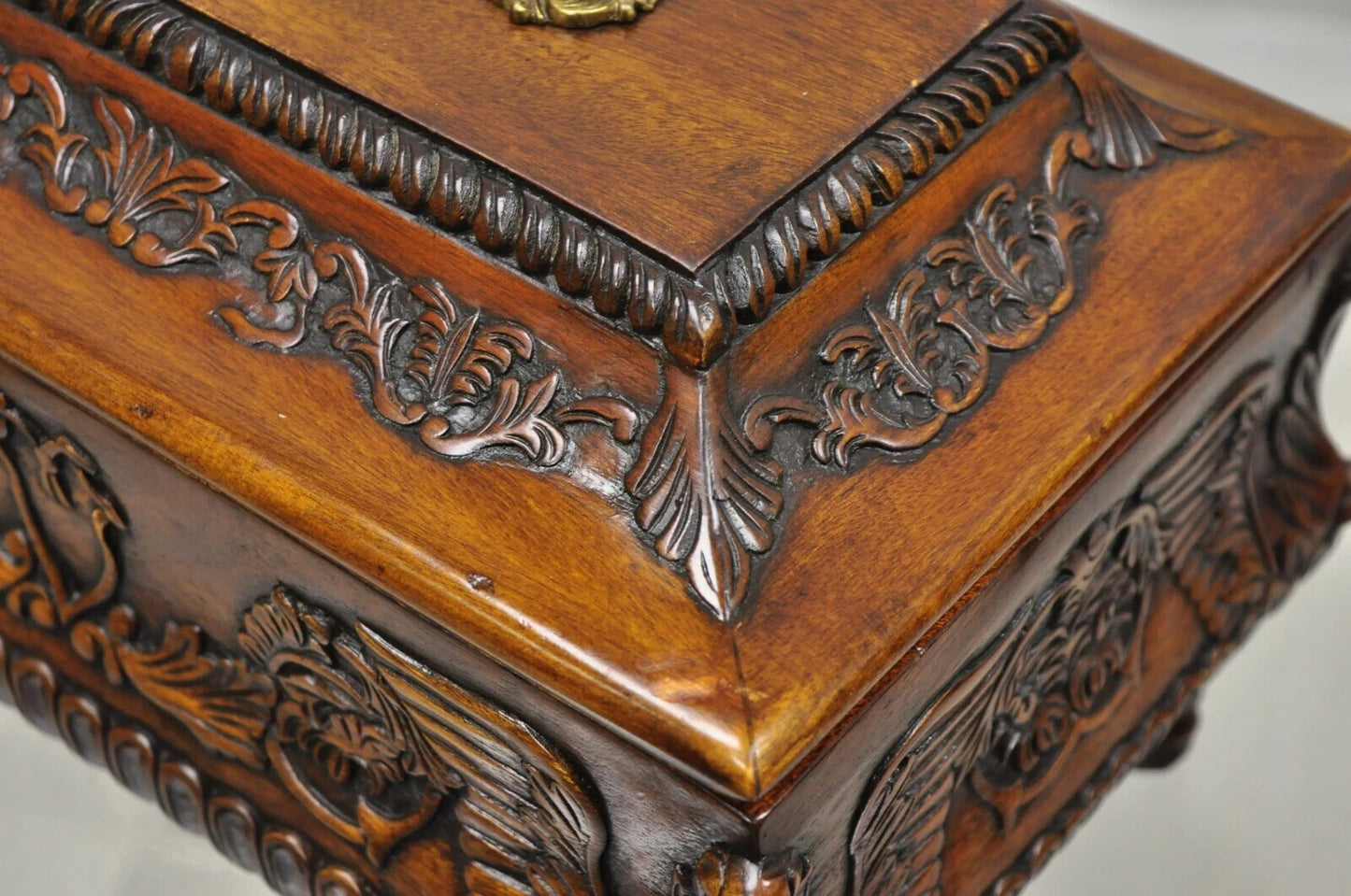 French Empire Rococo Style Carved Mahogany Paw Foot Jewelry Vanity Trinket Box