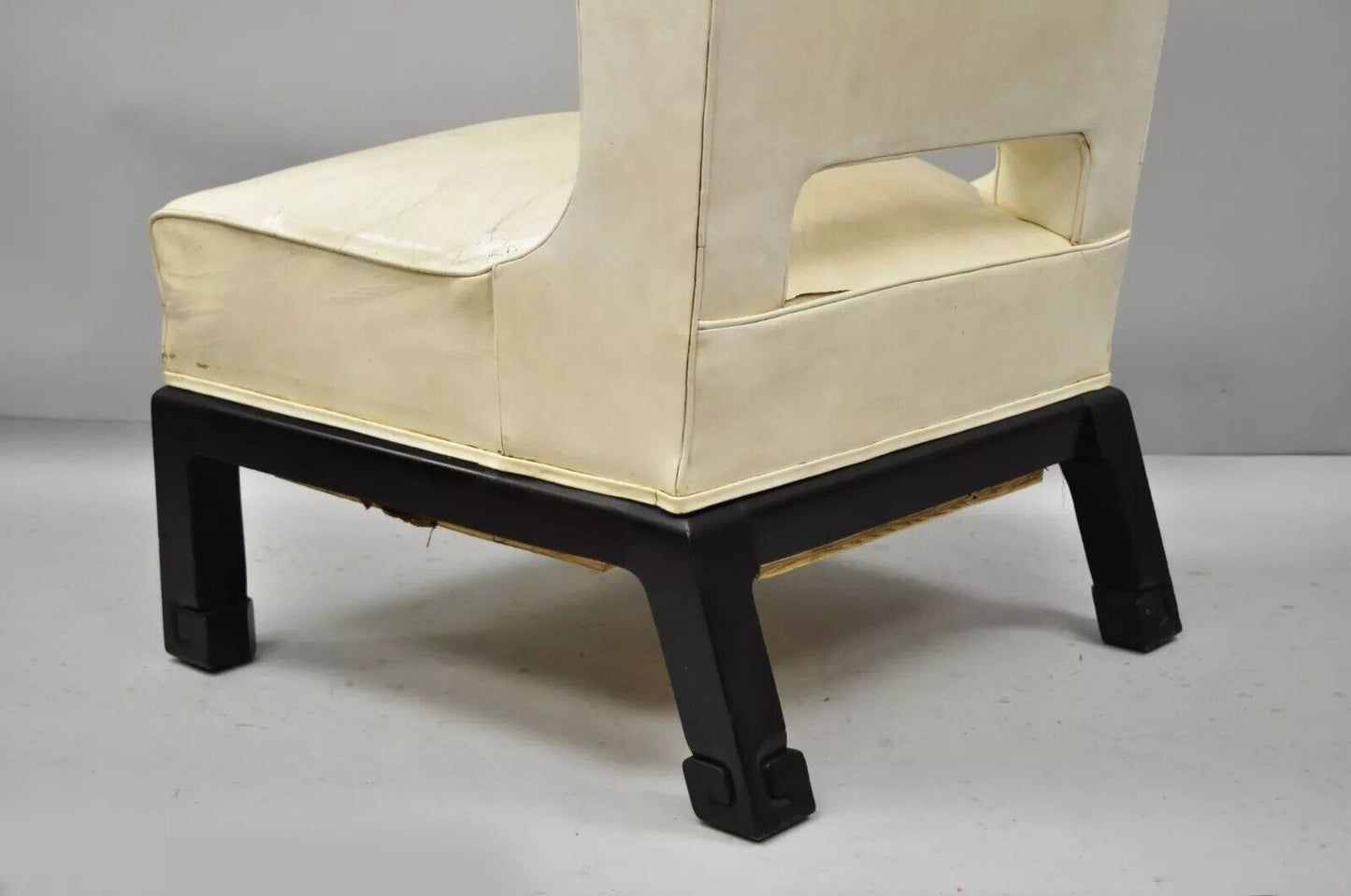 Vintage Oriental High Back Ming Style Black Lacquer Leather Lounge Chair