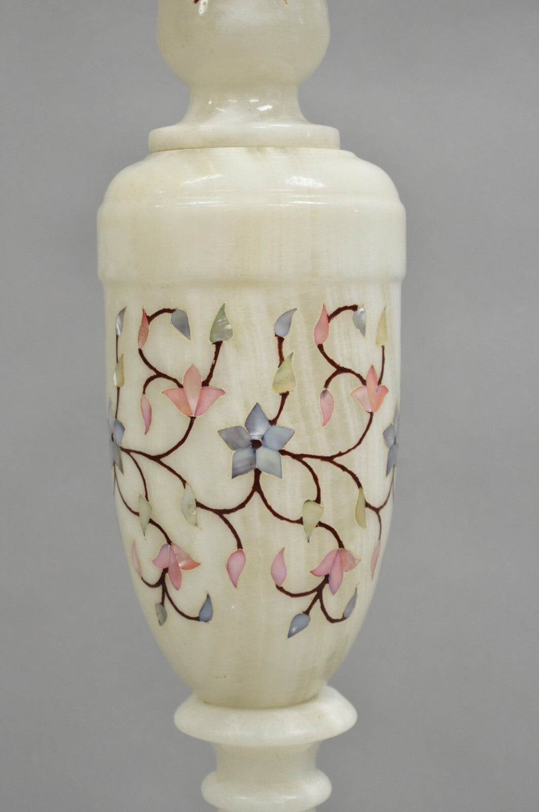 Vintage Italian Hollywood Regency Alabaster Table Lamp w/ Stone Floral Inlay