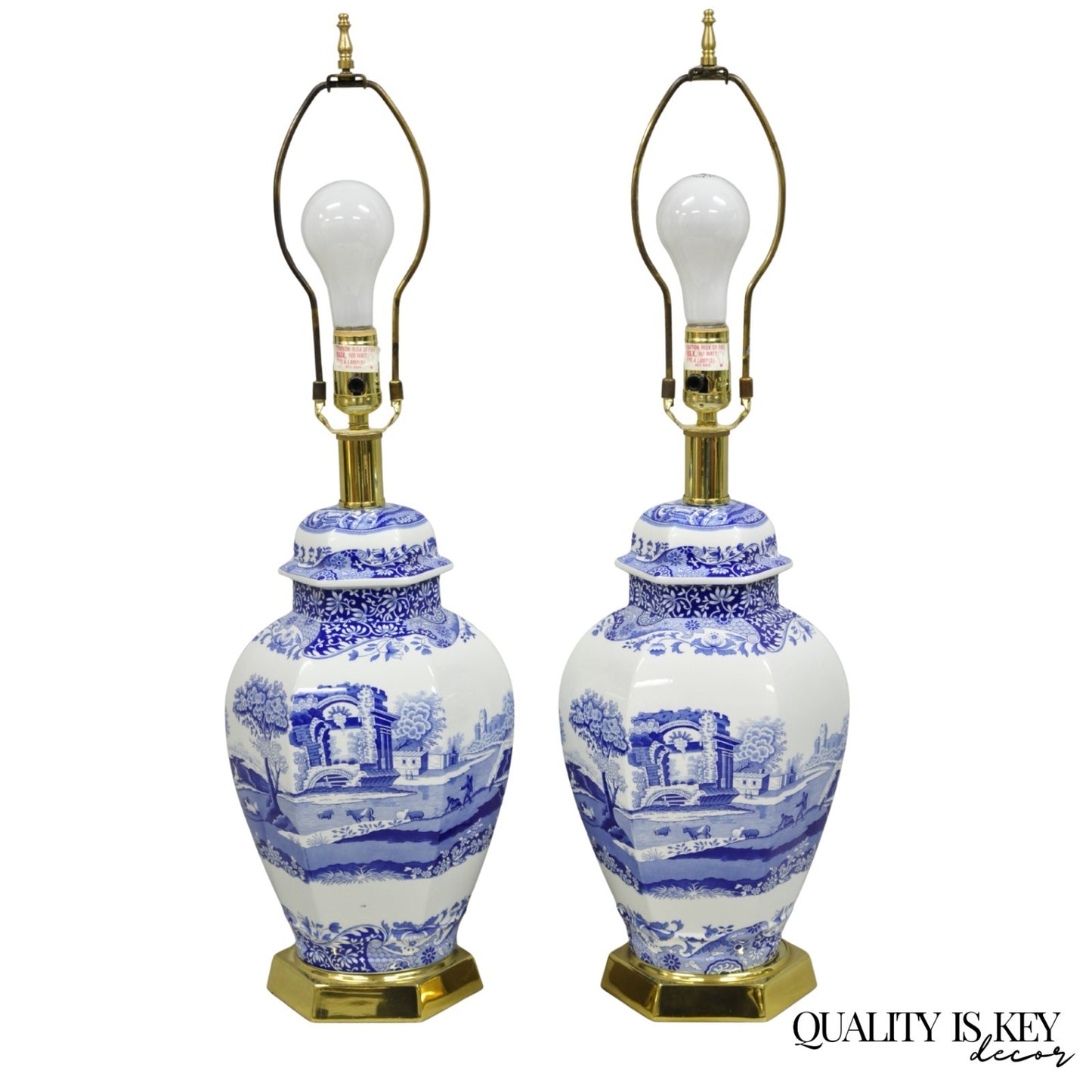 Vintage Spode Chinoiserie French Blue White Porcelain Ginger Jar Table Lamp Pair