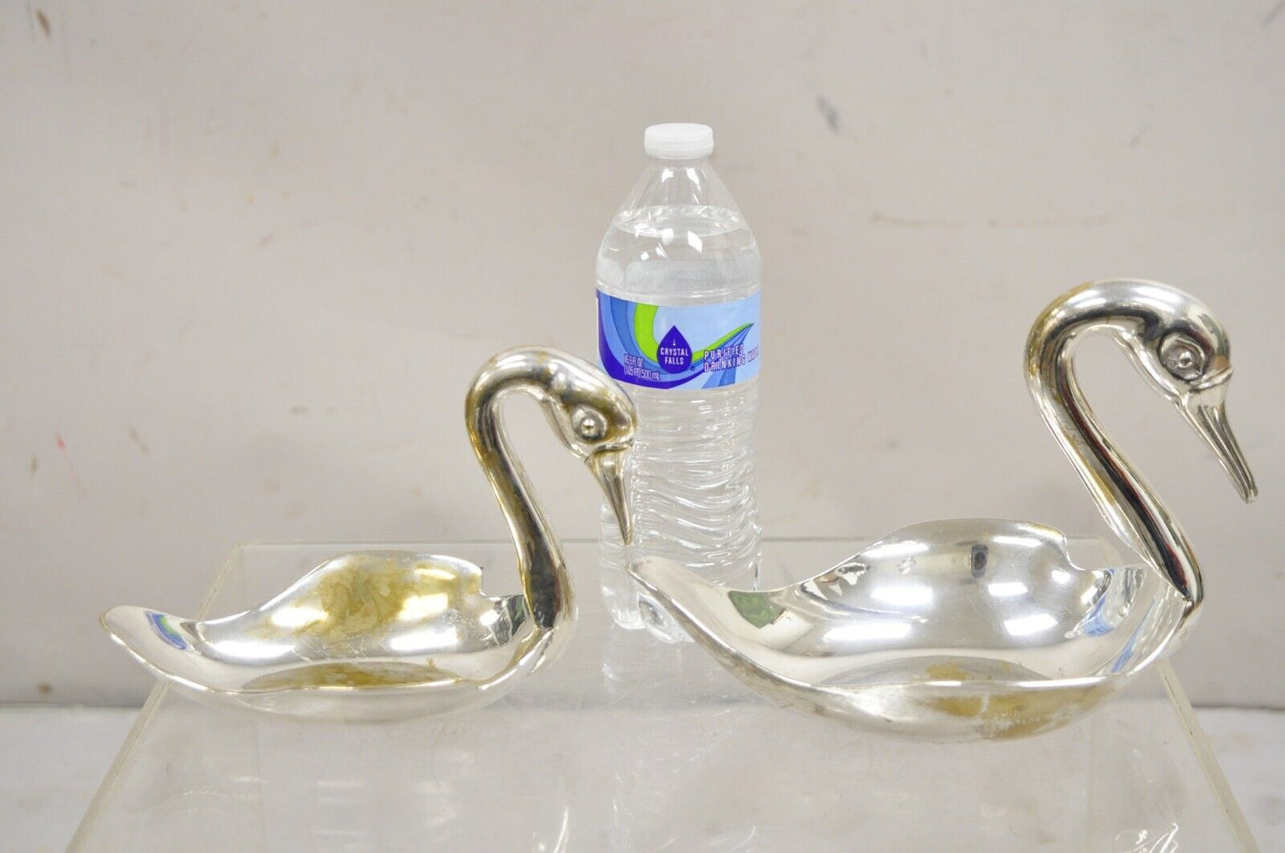 Modern Figural Silver Plated Copper Swan Bird Candy Dish Trinket Bowl - 2 Pcs