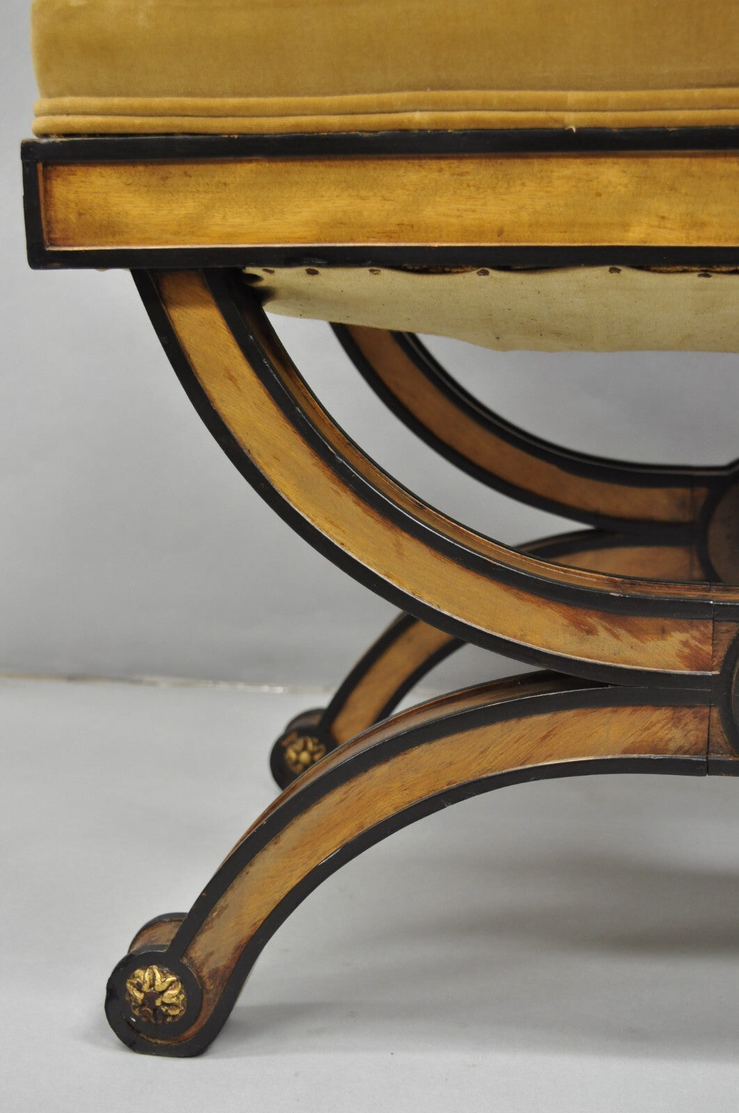 Vintage Italian Regency Style Curule Carved Walnut Upholstered X-Bench Stool