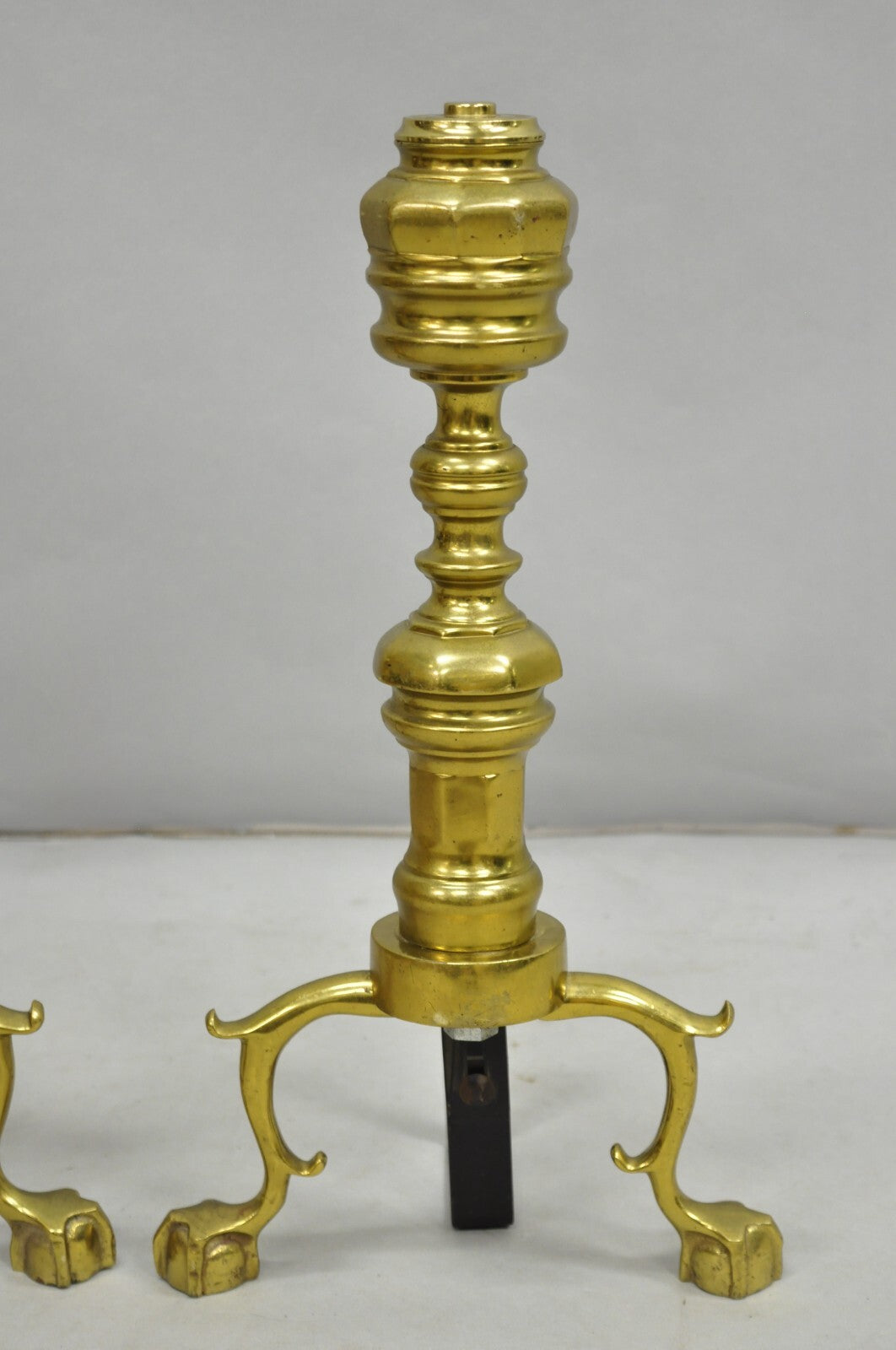 Vintage Federal Style Brass Branch Foot Gold Fireplace Andirons - a Pair