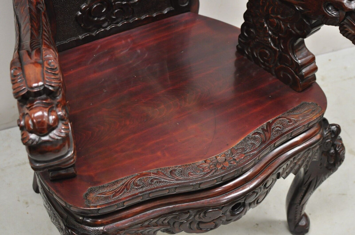 Antique Japanese Export Carved Hardwood Foo Dog Throne Arm Chair