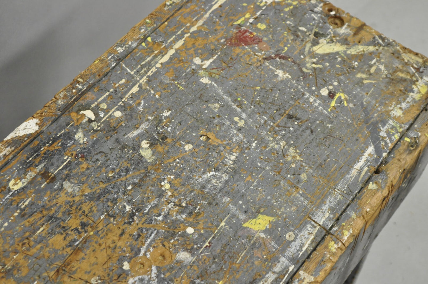 Antique French Country Primitive Gray Painted Paint Splattered Work Bench Stool