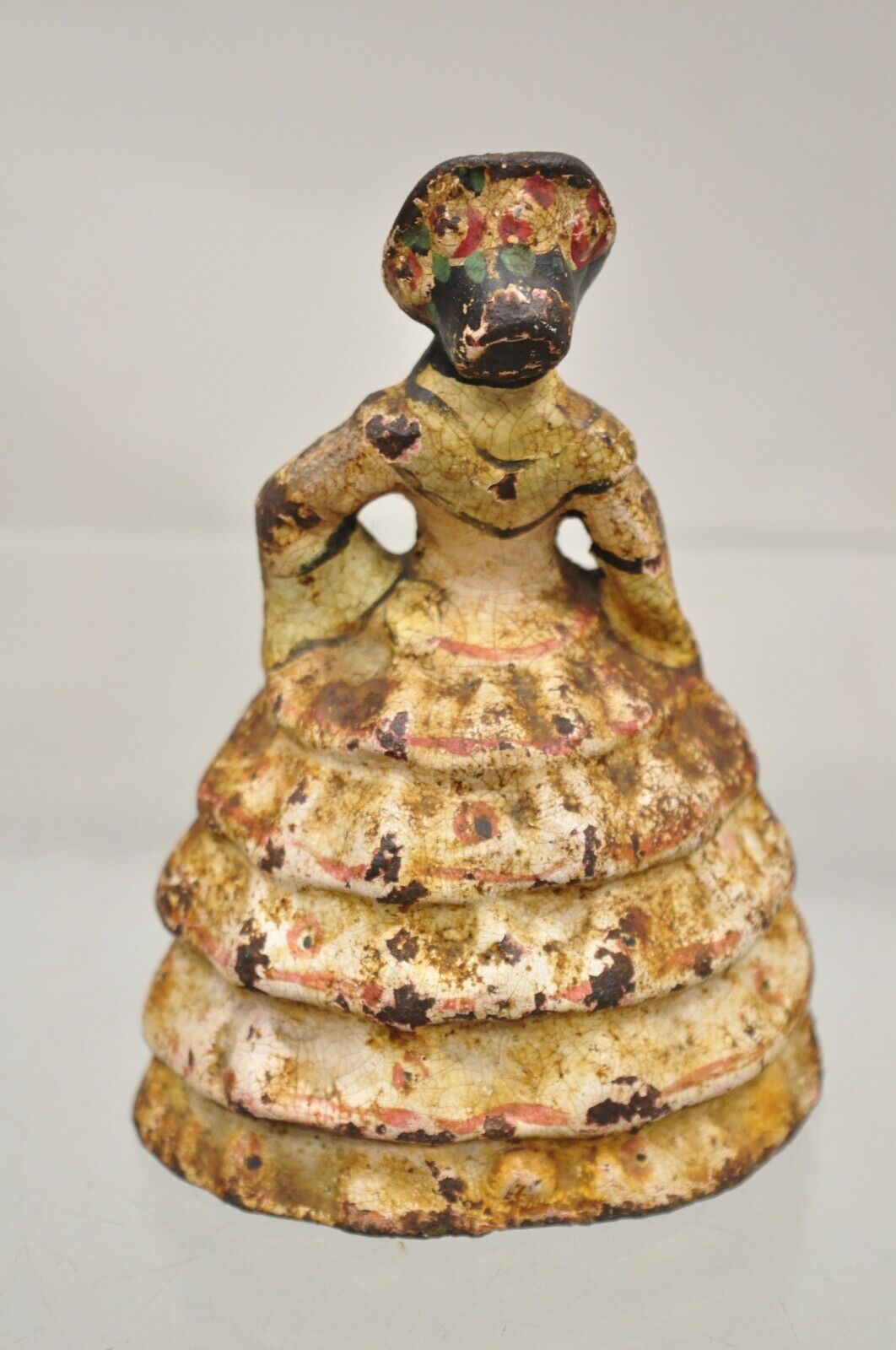 Antique Victorian Cast Iron Figural Painted Small Hoop Skirt Girl Door Stop