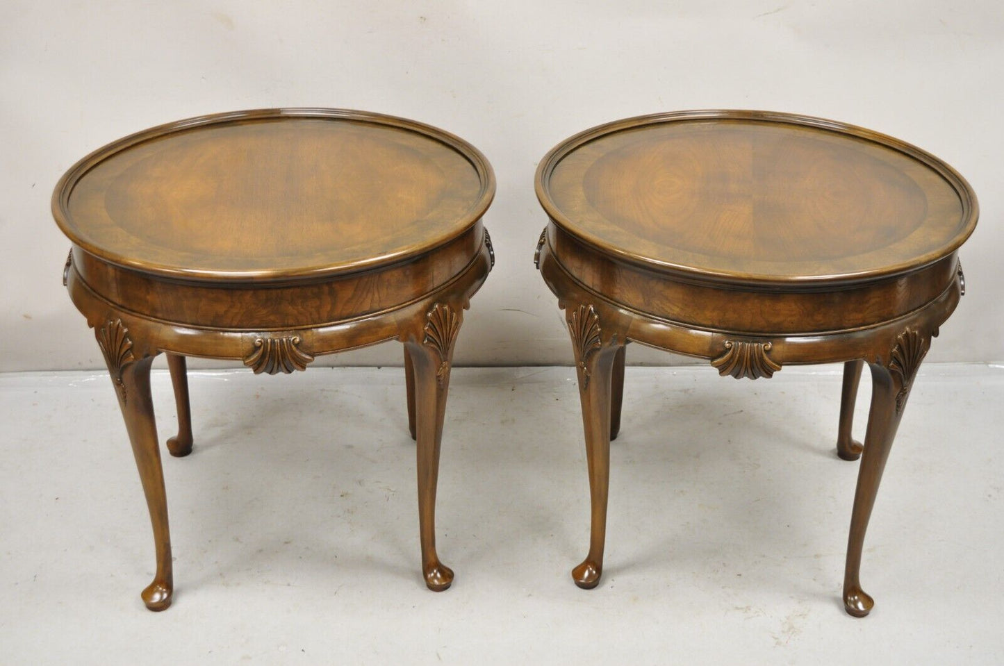 Pair Baker Furniture English Queen Anne Style Burl Walnut Round Side End Tables