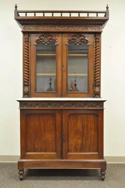 19th C. French Renaissance Carved Walnut Marble Top Bookcase Buffet Cabinet
