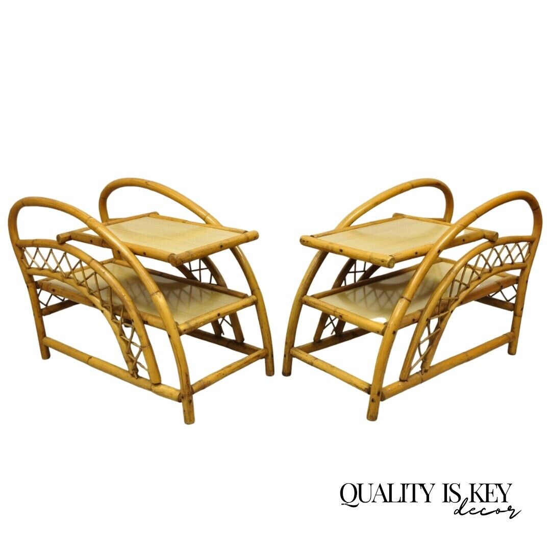 Vintage Tiki Rattan Bentwood Bamboo 2 Tier Sculptural End Tables - a Pair