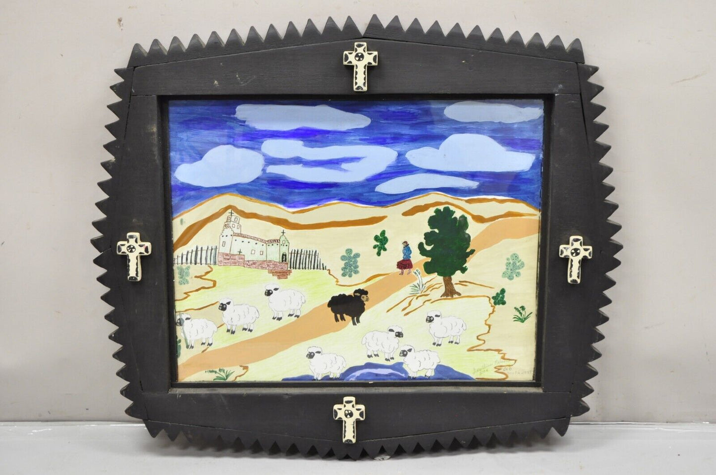 Bill & Geraldine Nelson “Old Southwest” Black Sheep Painting Carved Wood Frame