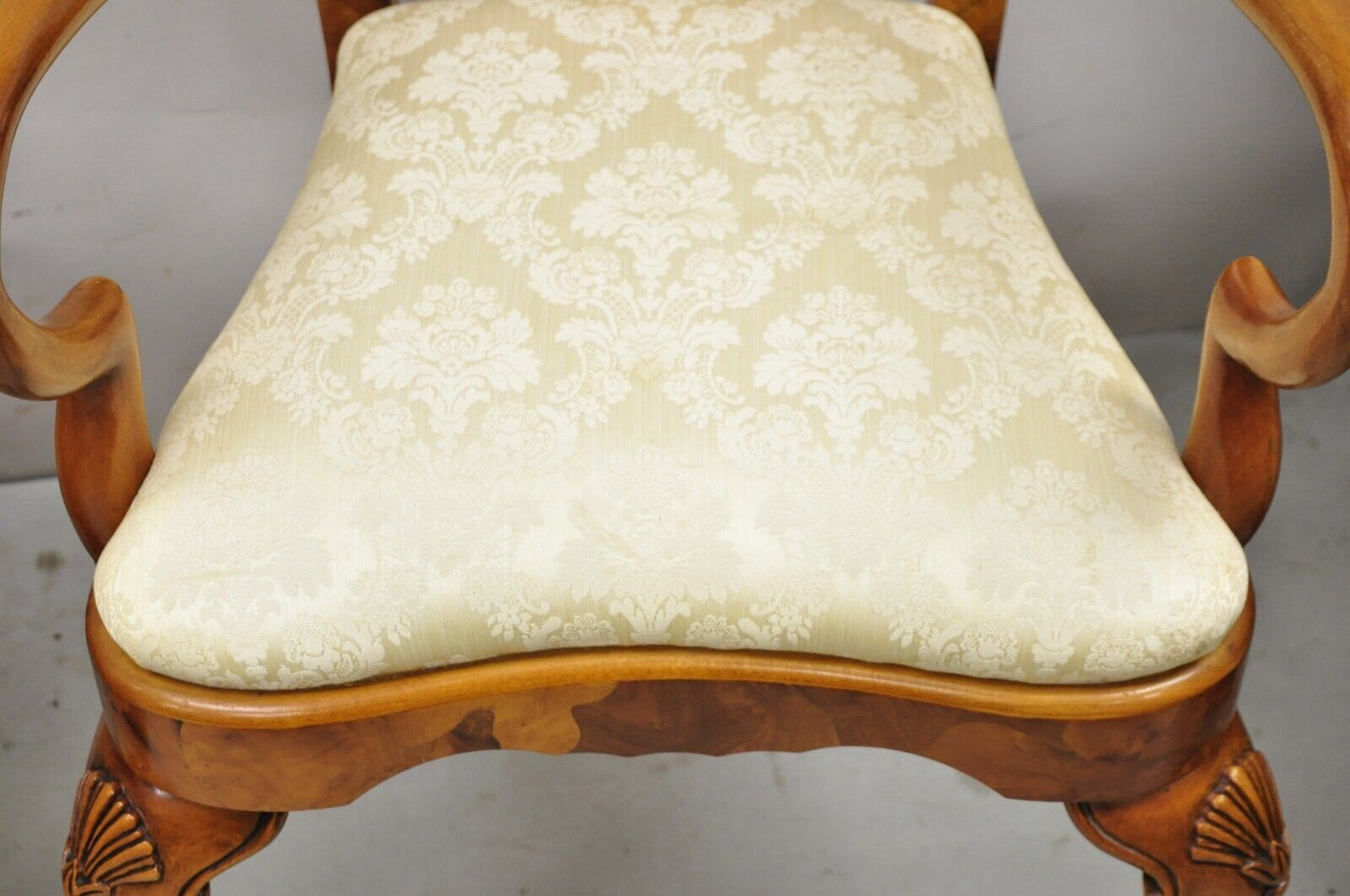 Vintage Queen Anne Style Italian Burl Patchwork Floral Inlay Arm Chairs - a Pair