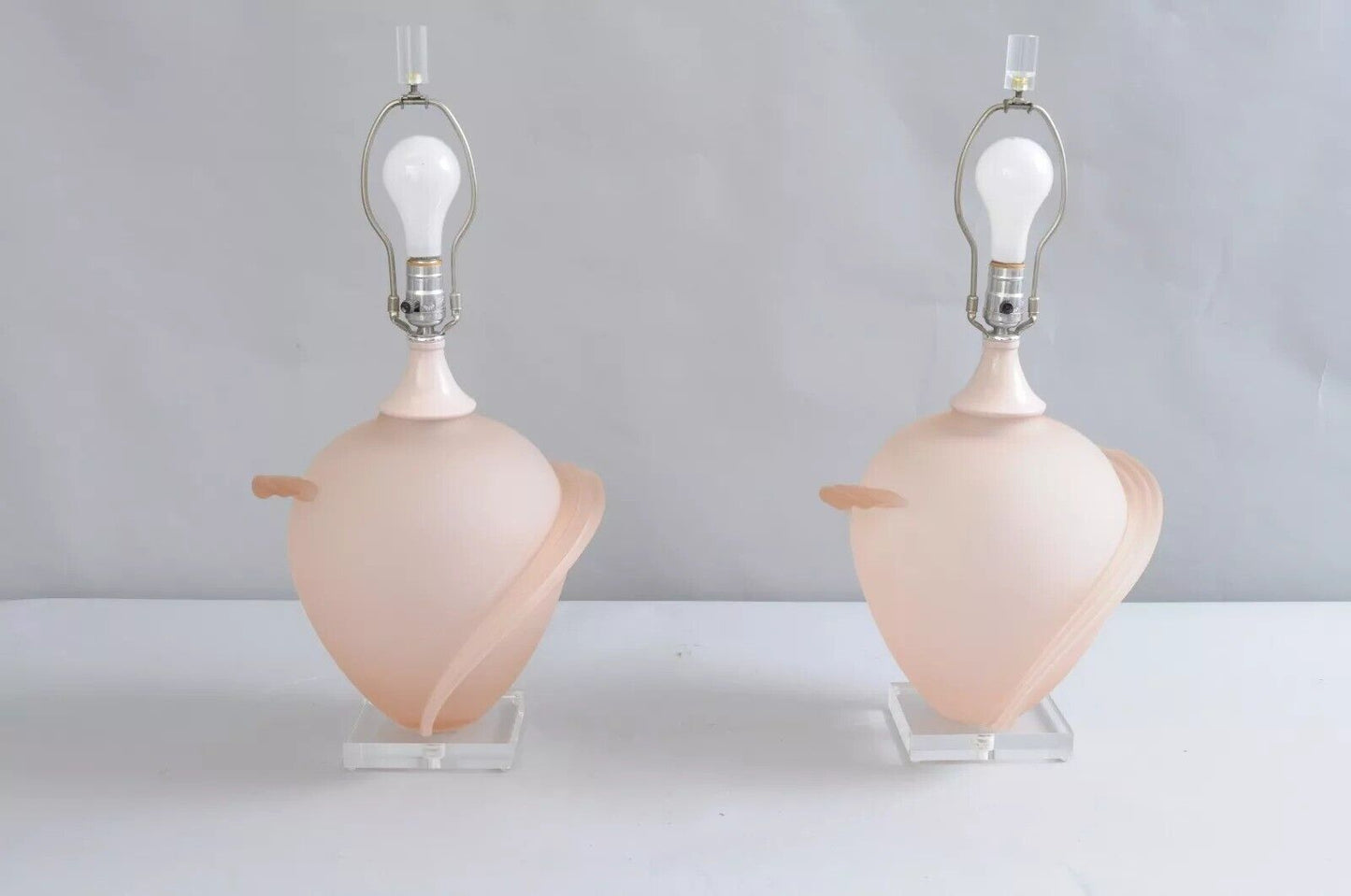 Hollywood Regency Pink Satin Frosted Glass Table Lamps w/ Lucite Base - a Pair