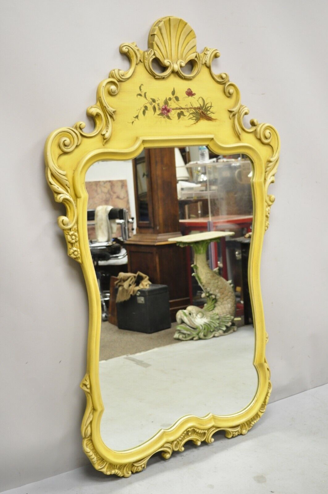 Vintage Yellow Chinoiserie Shell Carved Wall Mirror by Union National