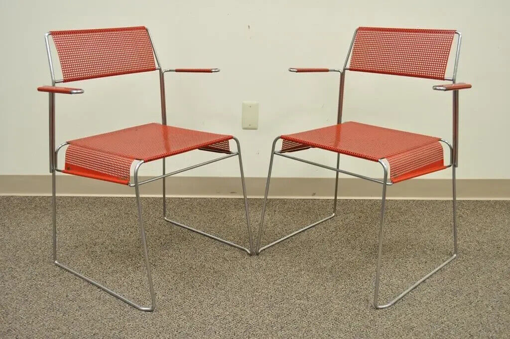 Vintage Tomado Mid Century Modern Stacking Chrome Metal Mesh Red Chairs B - Pair
