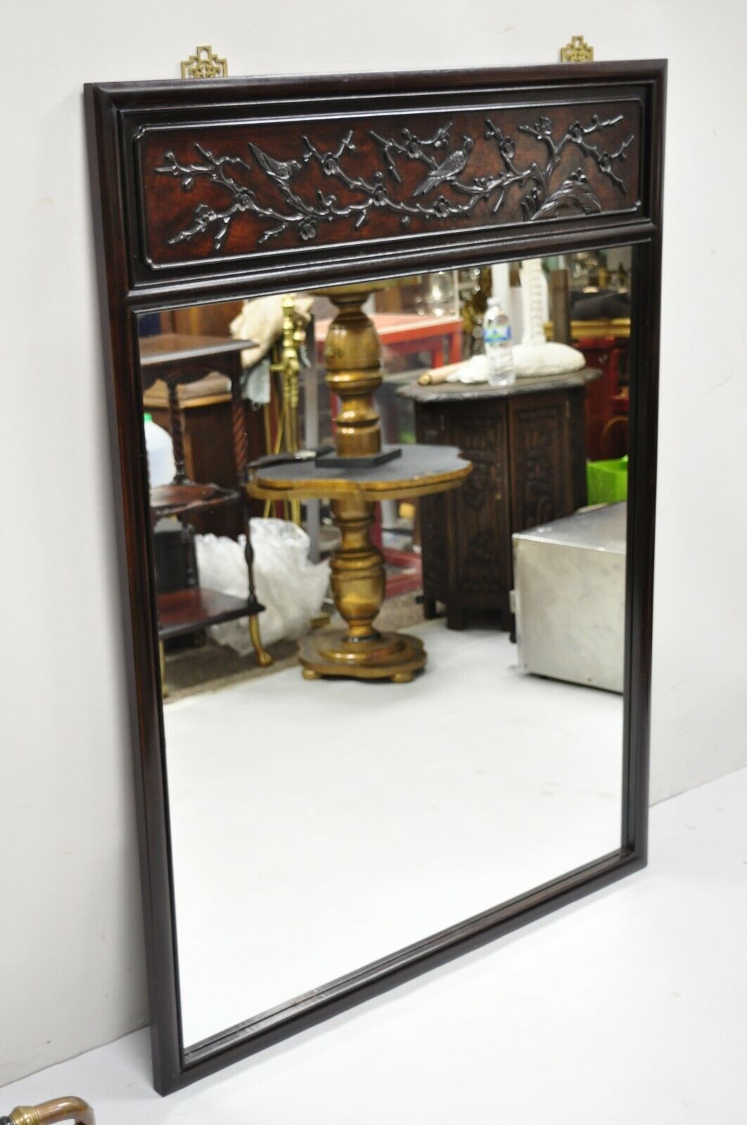 Vintage Chinese Bird Carved Hardwood Mahogany Rectangular Oriental Wall Mirror