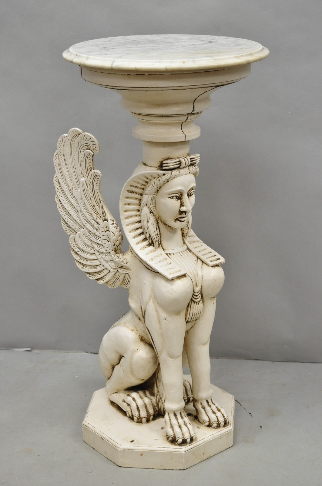 Vintage Egyptian Female Sphinx Round Marble Top Carved Wood Pedestal Plant Stand
