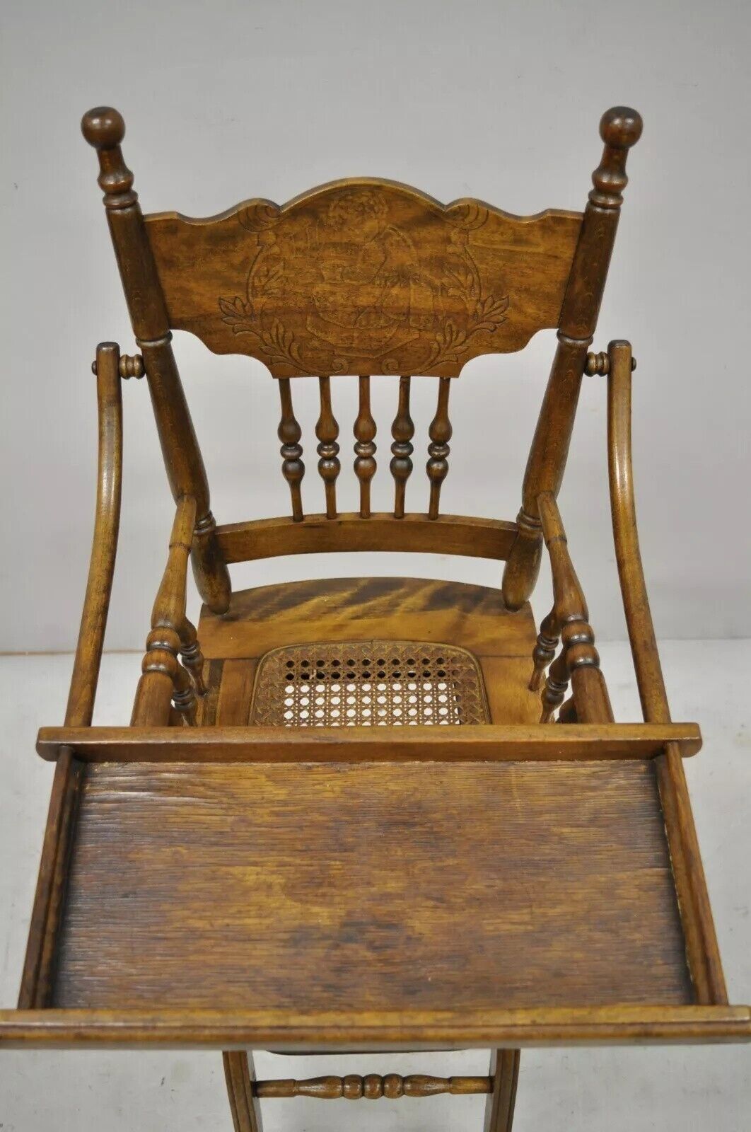 Antique Victorian Oak Convertible Pressed Back High Chair Baby Stroller