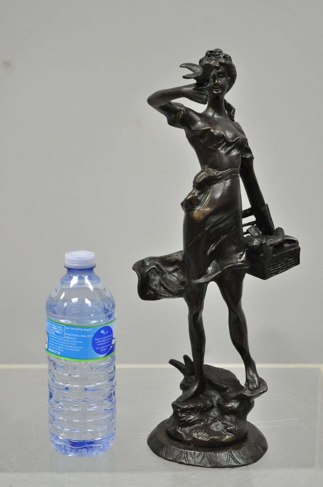 Bronze Sculpture Woman w/ Birds & Basket 15" Statue Figure After Emile Guillemin
