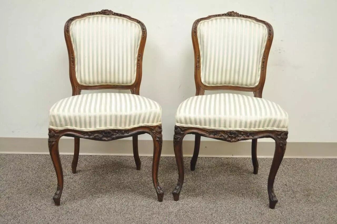 Antique French Victorian Louis XV Style Carved Walnut Side Chairs - a Pair