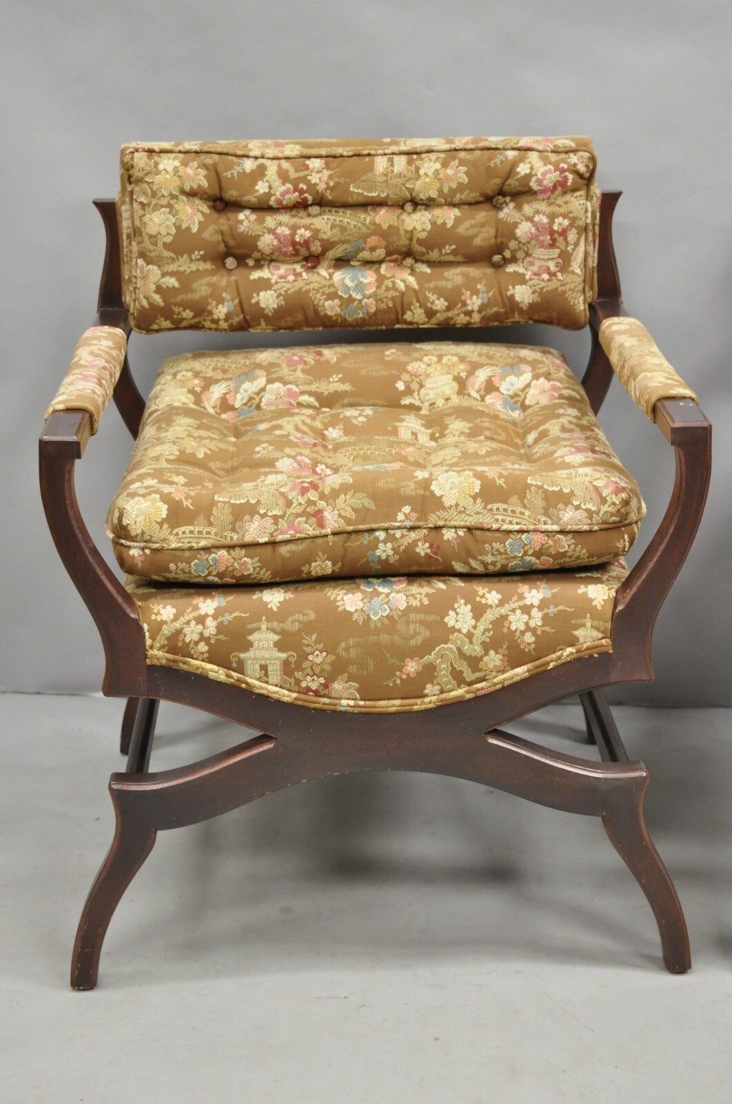 Vintage Hollywood Regency Curule Wooden X-Frame Lounge Arm Chairs - a Pair