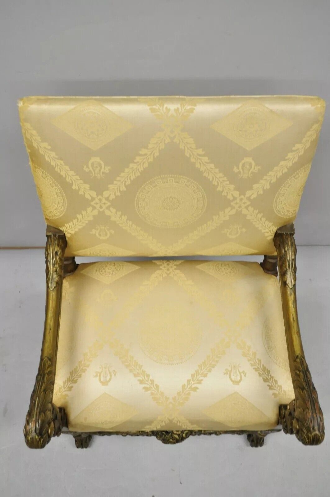 Antique Italian Renaissance Carved Walnut Jacobean Gold Upholstered Arm Chair