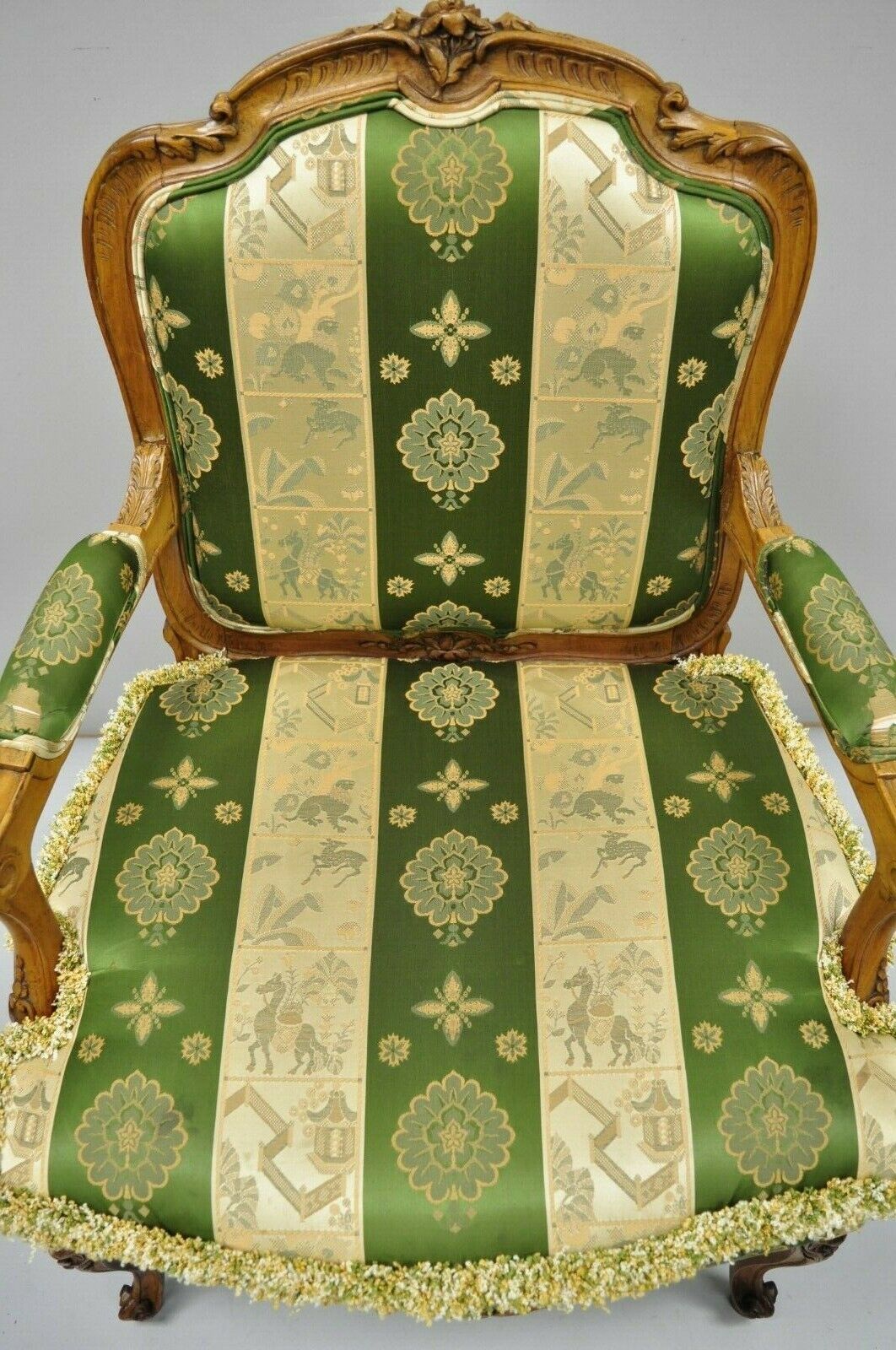 Antique French Louis XV Style Green & Gold Walnut Fauteuil Arm Chairs - a Pair