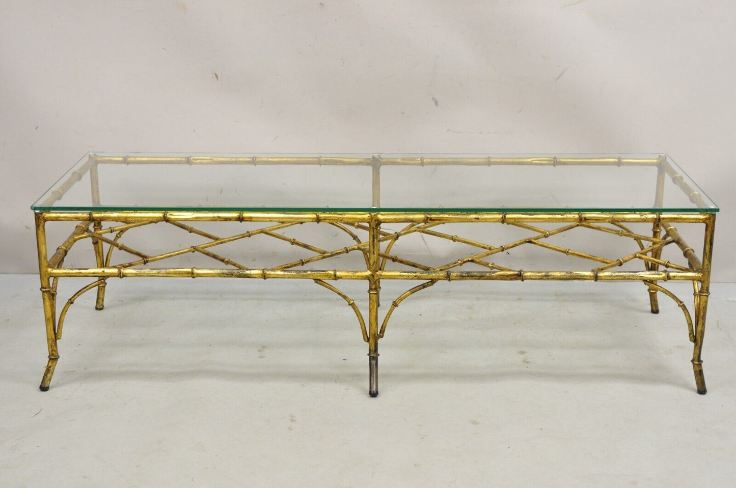 Vintage Italian Hollywood Regency Gold Gilt Iron Glass Faux Bamboo Coffee Table