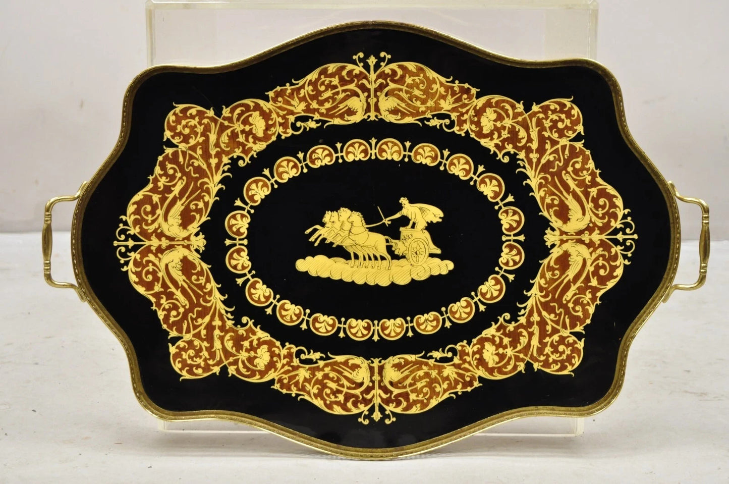 Vintage Italian Lacquered Wood & Brass Chariot Marquetry Inlay Bar Serving Tray