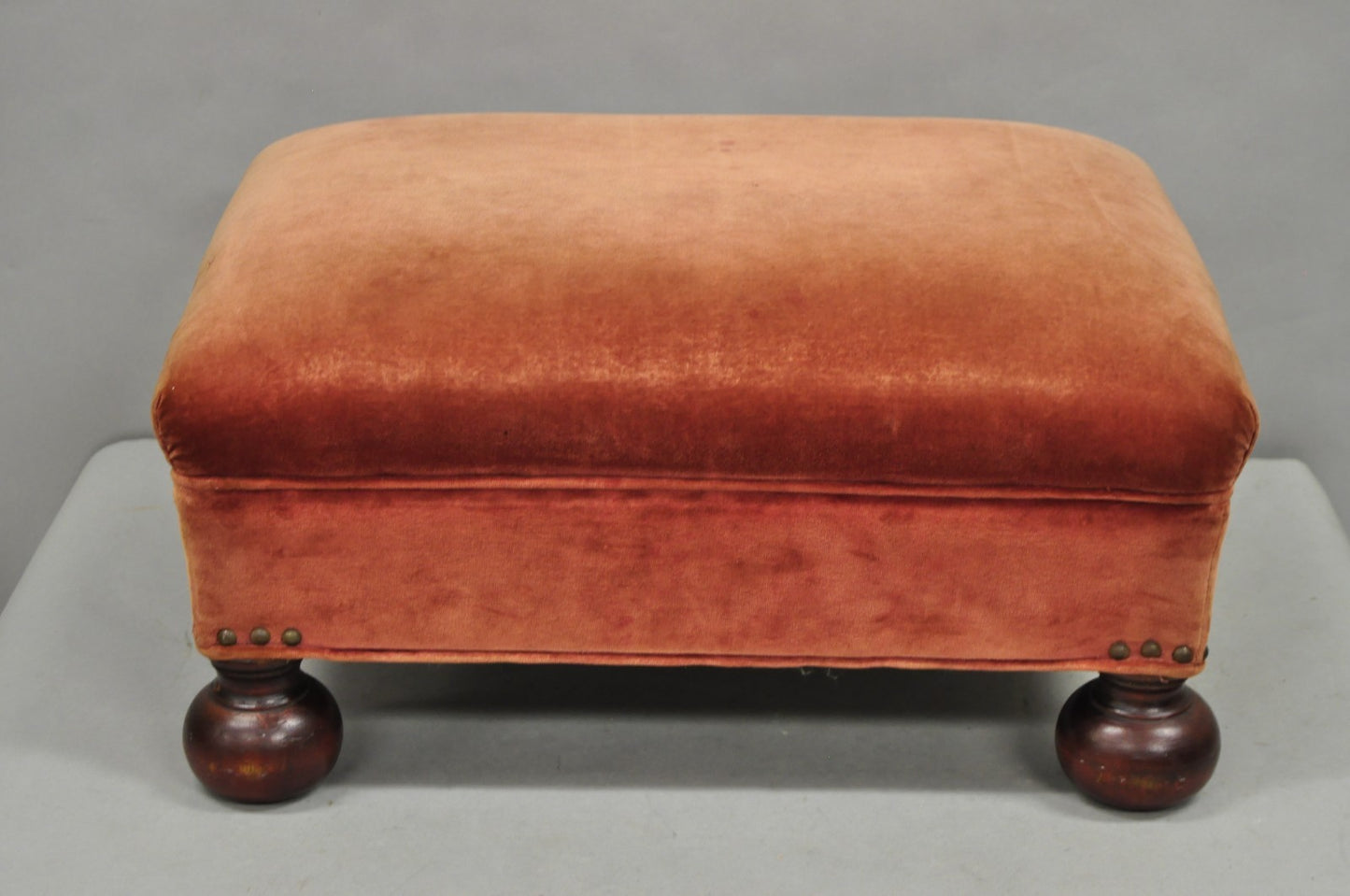 Vintage Jacobean William & Mary Walnut Bun Feet Upholstered Ottoman Footstool