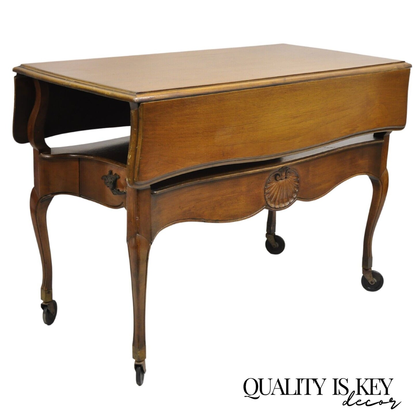 Vintage French Country Style Cherry Wood 2 Drawer Drop Leaf Rolling Serving Cart
