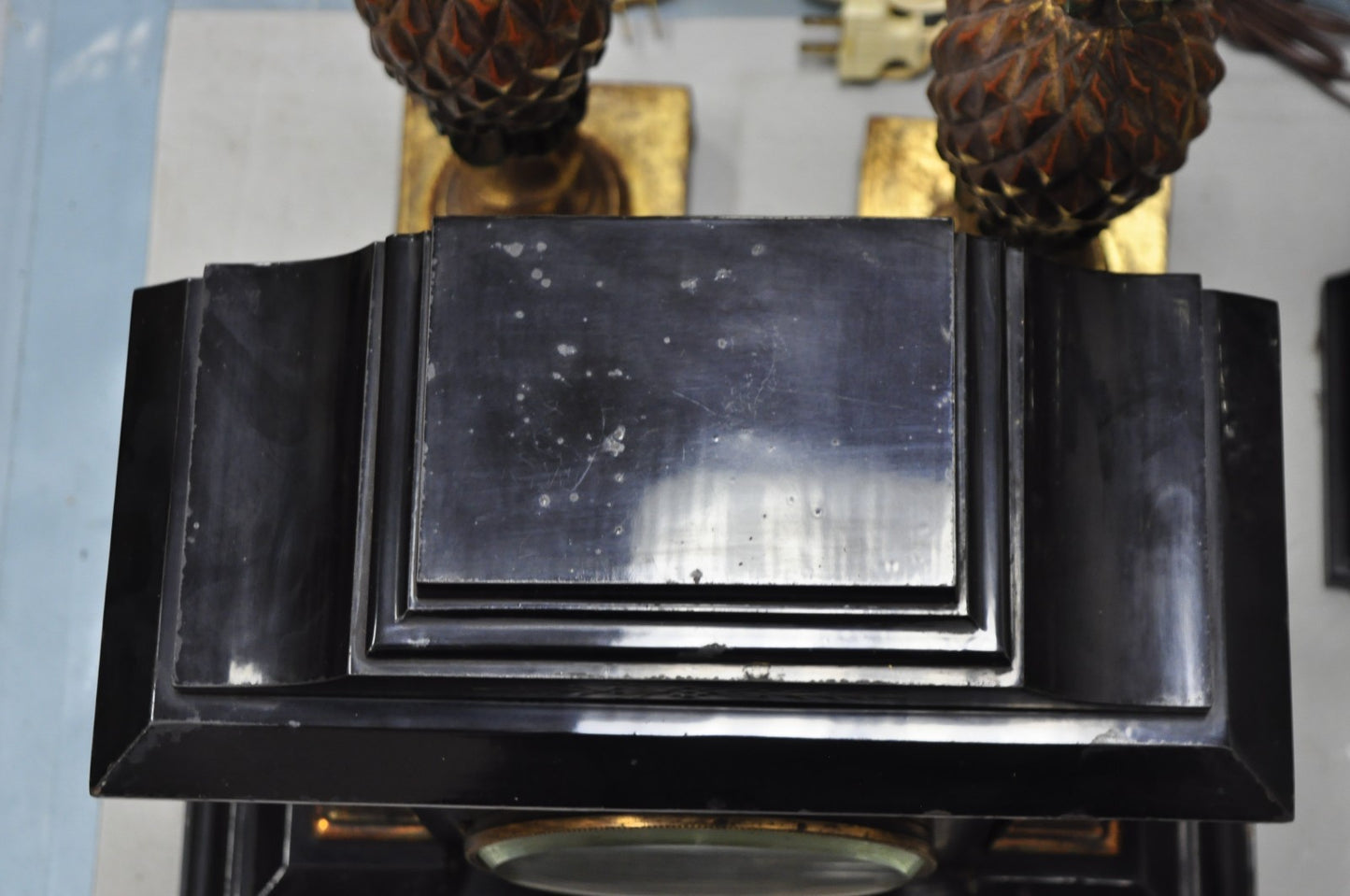 Antique Ansonia Black Mantel Clock with Bronze Coated Columns and Claw Feet