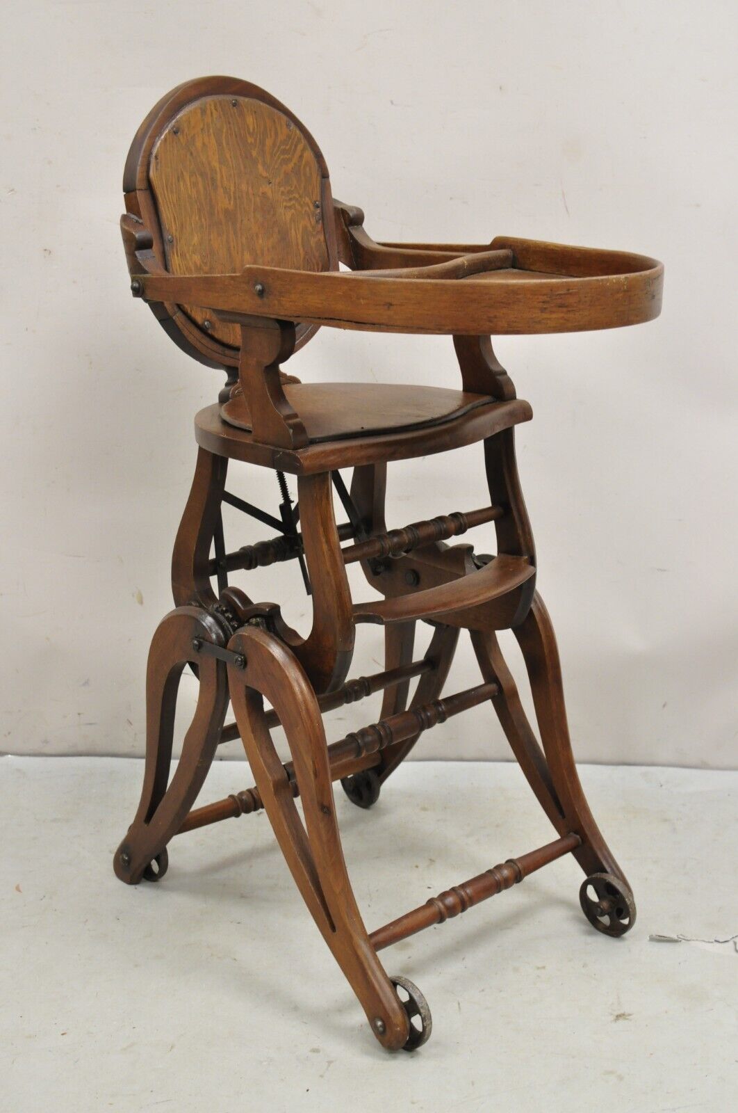Antique Victorian Walnut Wood Convertible Combination Baby High Chair Stroller