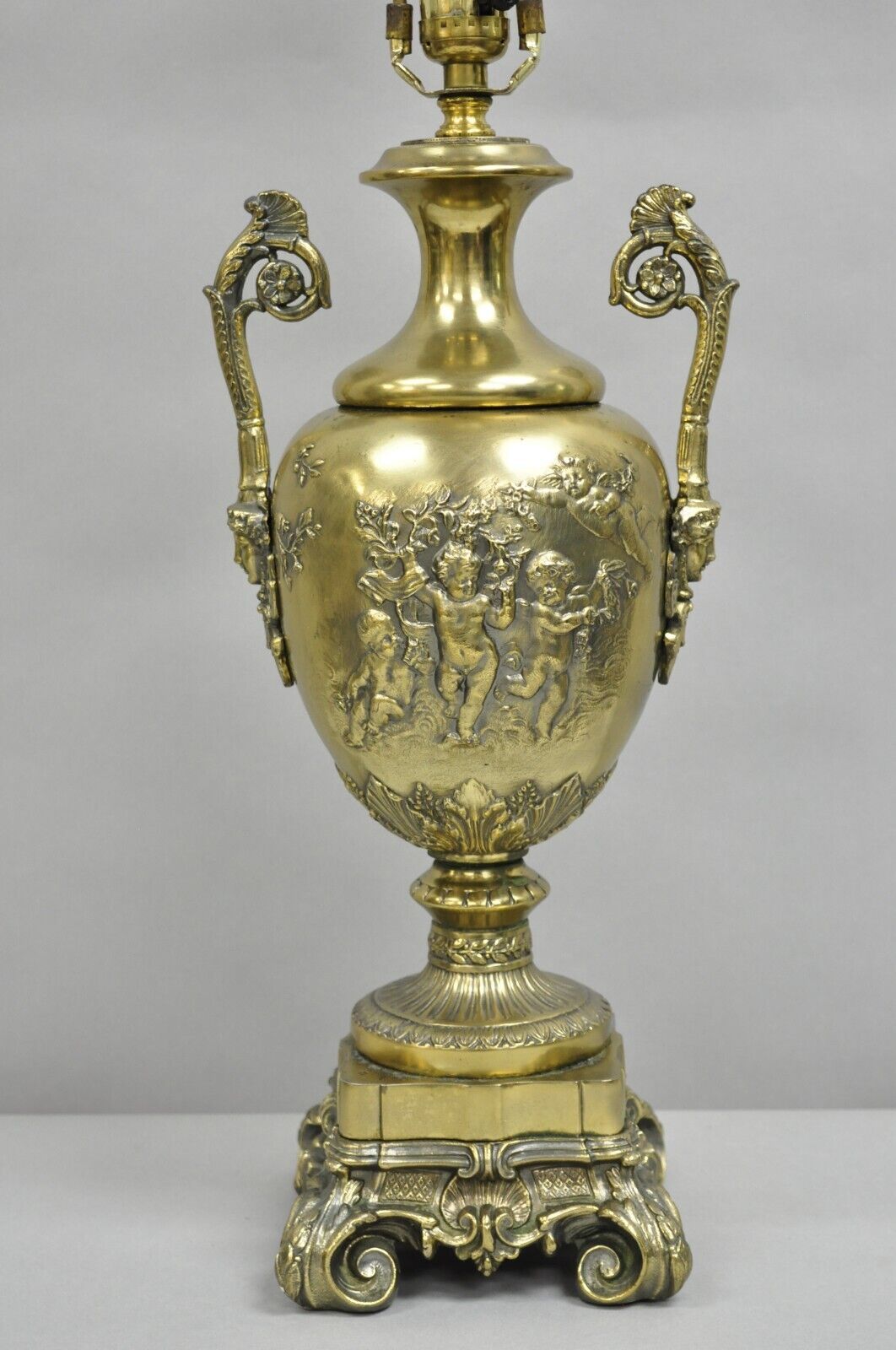 Vintage French Louis XV Renaissance Brass Figural Dancing Cherubs Urn Table Lamp