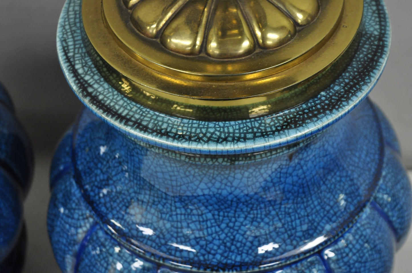 Stiffel Mid Century Modern Blue Crackle Glazed Ceramic Brass Table Lamps