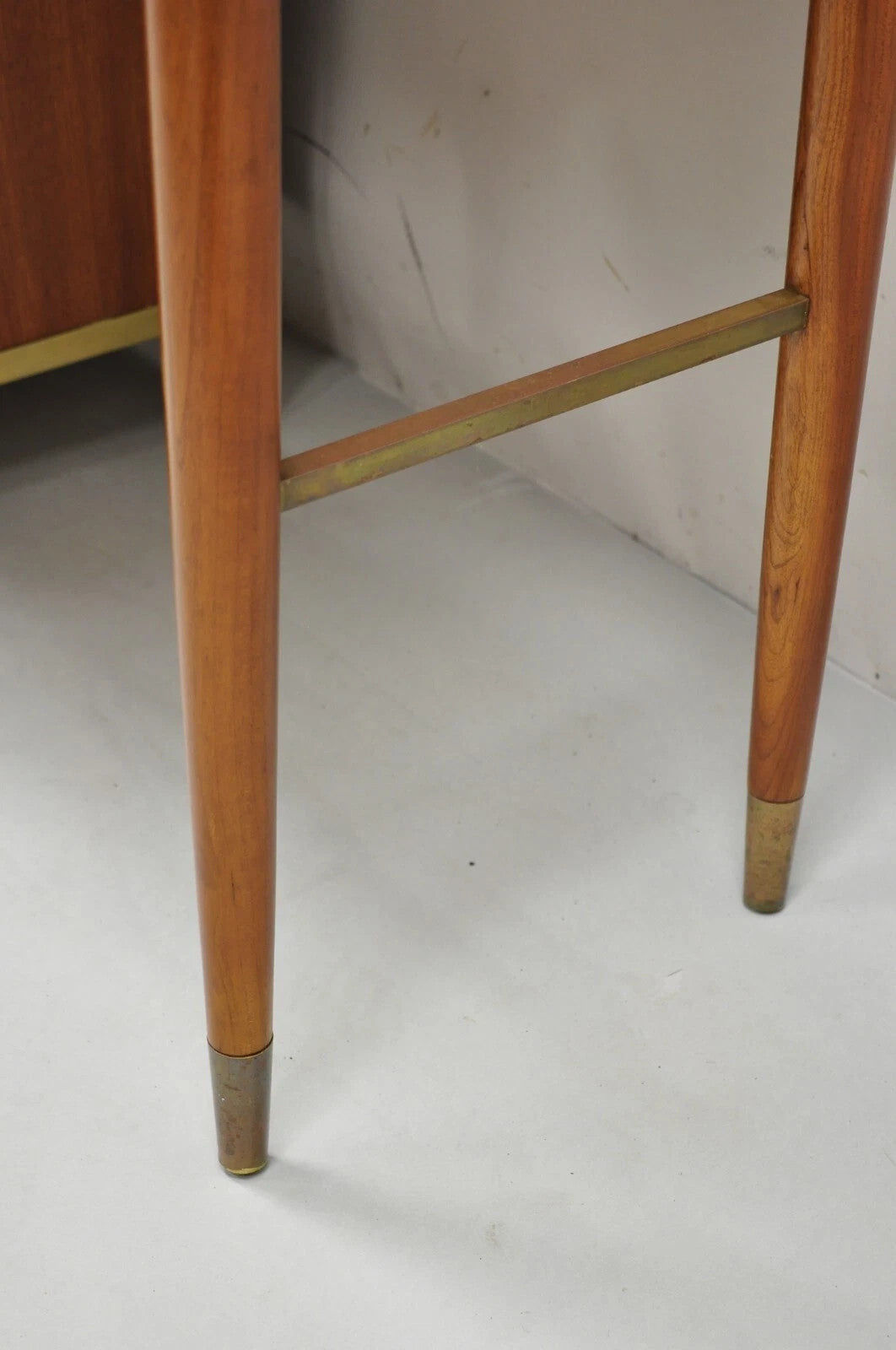 Vintage Mid Century Modern Walnut Brass Base Modernist Kneehole Writing Desk