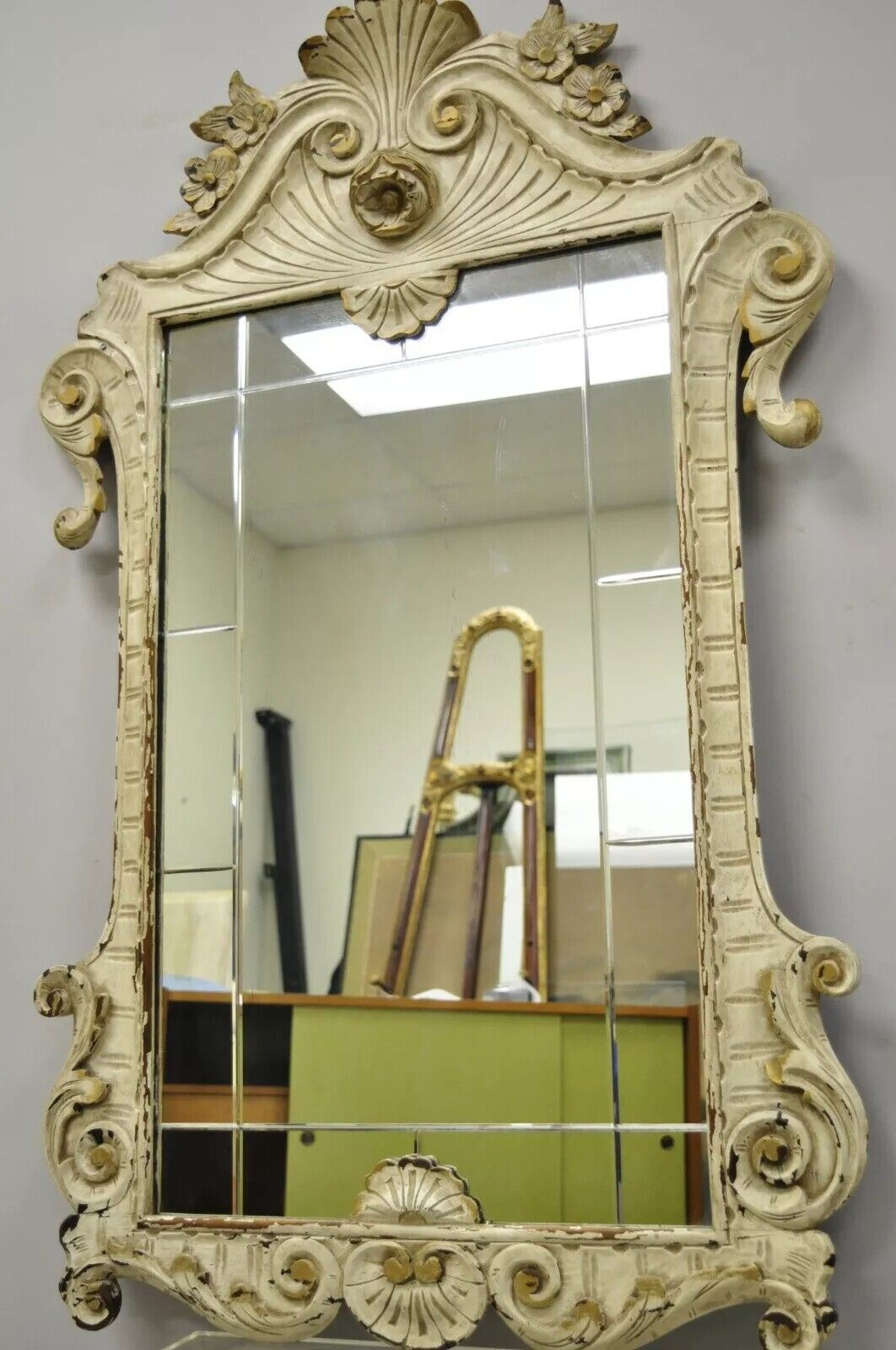 Antique Victorian White Shabby Distress Painted Chic Rose Carved Wall Mirror