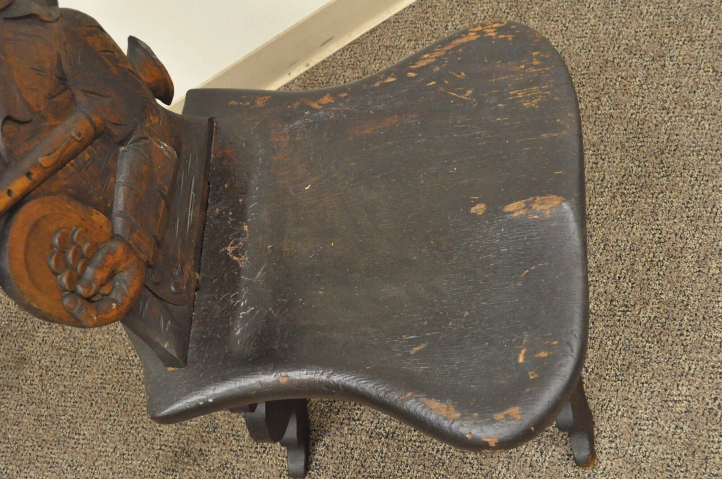 Antique Medieval Gothic Hand Carved Wood Figural Musician Bard Tavern Side Chair