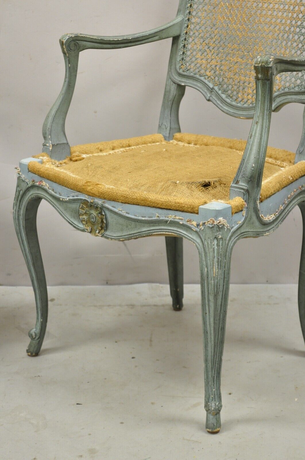 Pair Vintage French Louis XV Style Blue Painted Cane Back Fauteuil Arm Chairs