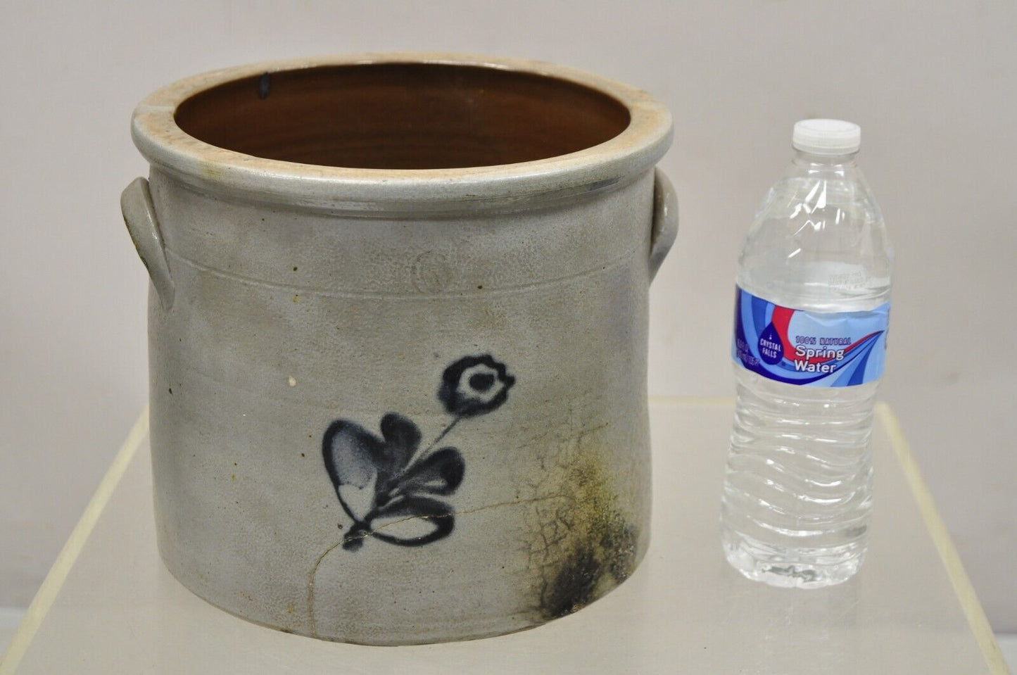 Antique Stoneware Salt Glazed 9" Round Pottery Crock Pot with Blue Flower