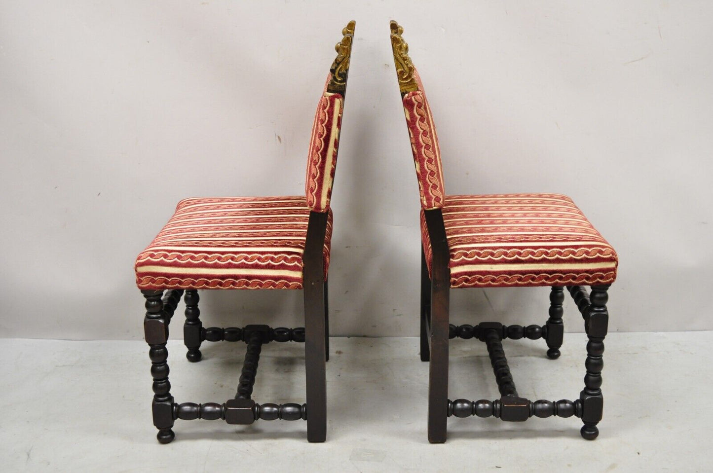 Antique Small Jacobean Style Turn Carved Walnut Accent Side Chairs - a Pair