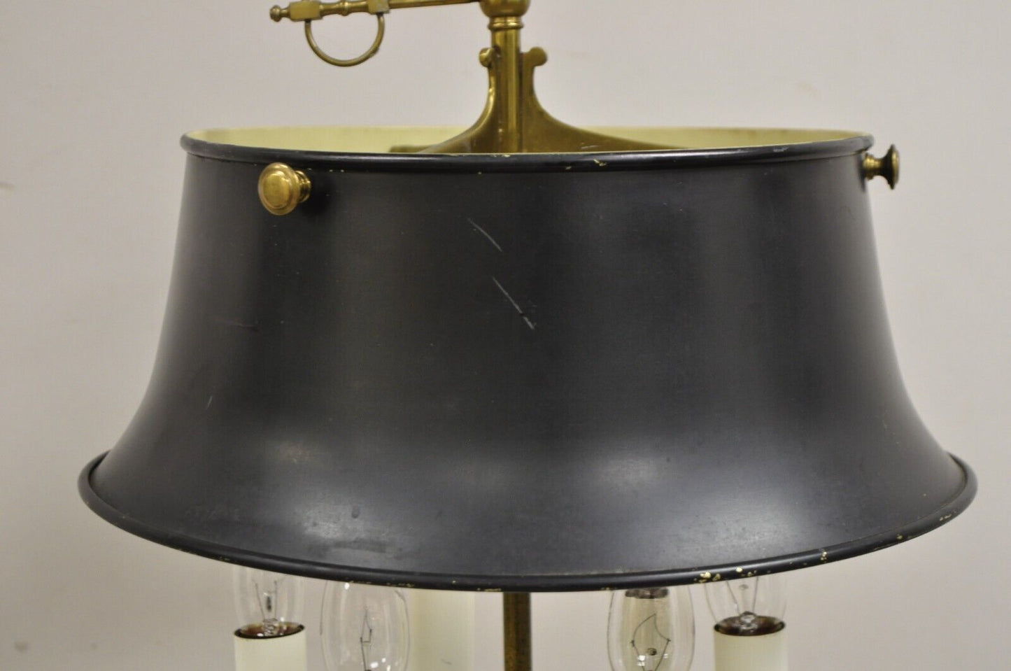 French Regency Tall Brass Candelabra Bouillotte Desk Lamp w/ Tole Metal Shade