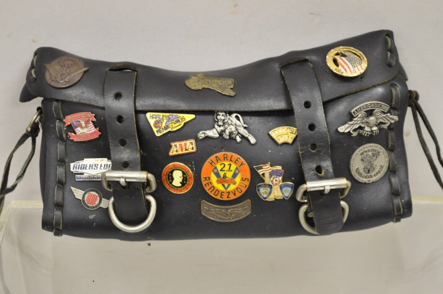 Vintage Black Leather Front Fork Saddle Tool Bag with Harley Davison Biker Pins