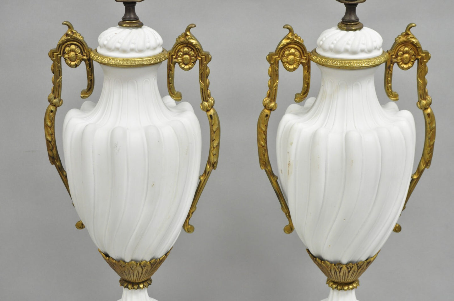 Antique French Louis XVI Style Gilt Bronze Porcelain Urn Table Lamps - a Pair